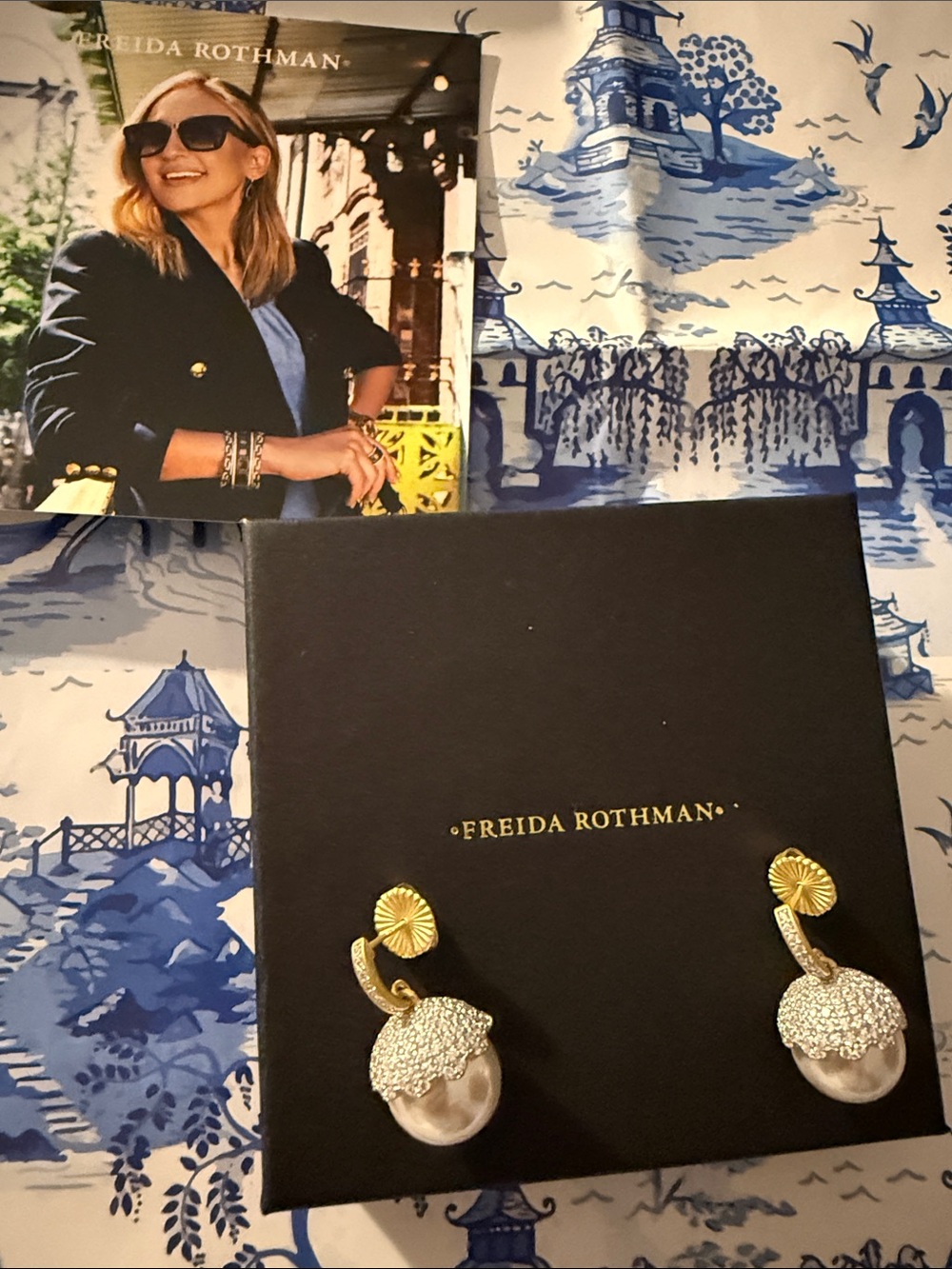 Freida Rothman Sterling Silver and Gold Plated Pearl Pavé Drop Earrings